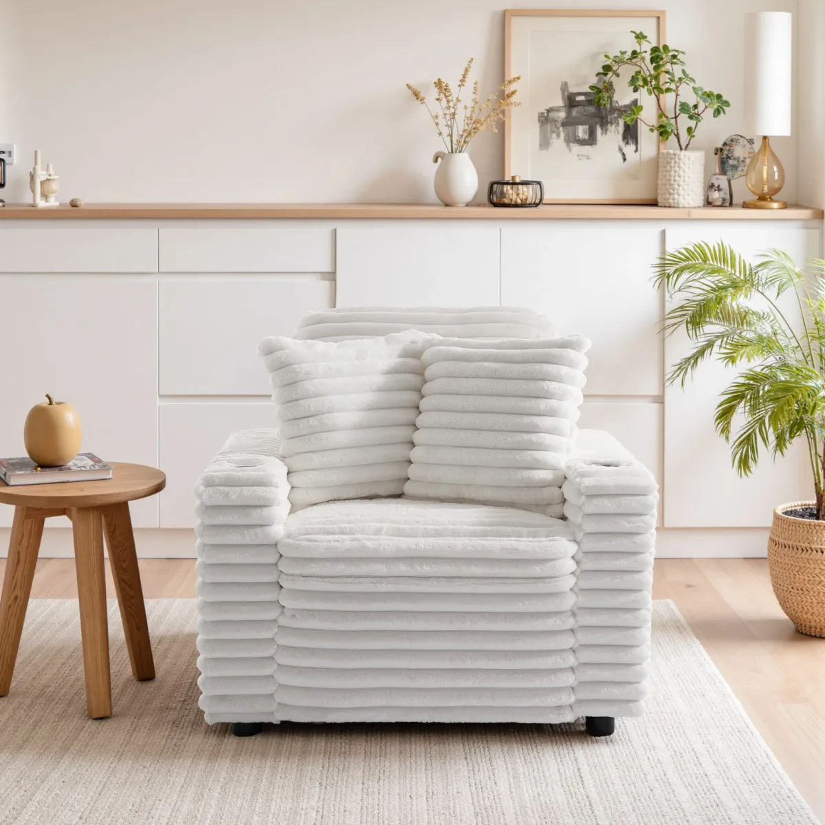 Ermia Modern Faux Fur Accent Chair with Cup Holder and Two Pillows - Image 8