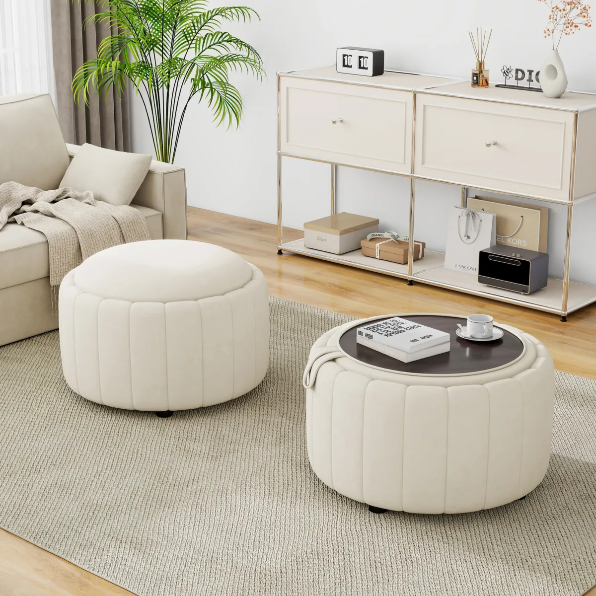 Savinien Upholstered Velvet Round Storage Ottoman with Flip-Top Tray (Set of 2) - Image 1