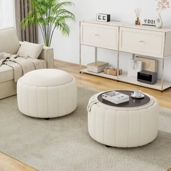 Savinien Upholstered Velvet Round Storage Ottoman with Flip-Top Tray (Set of 2)