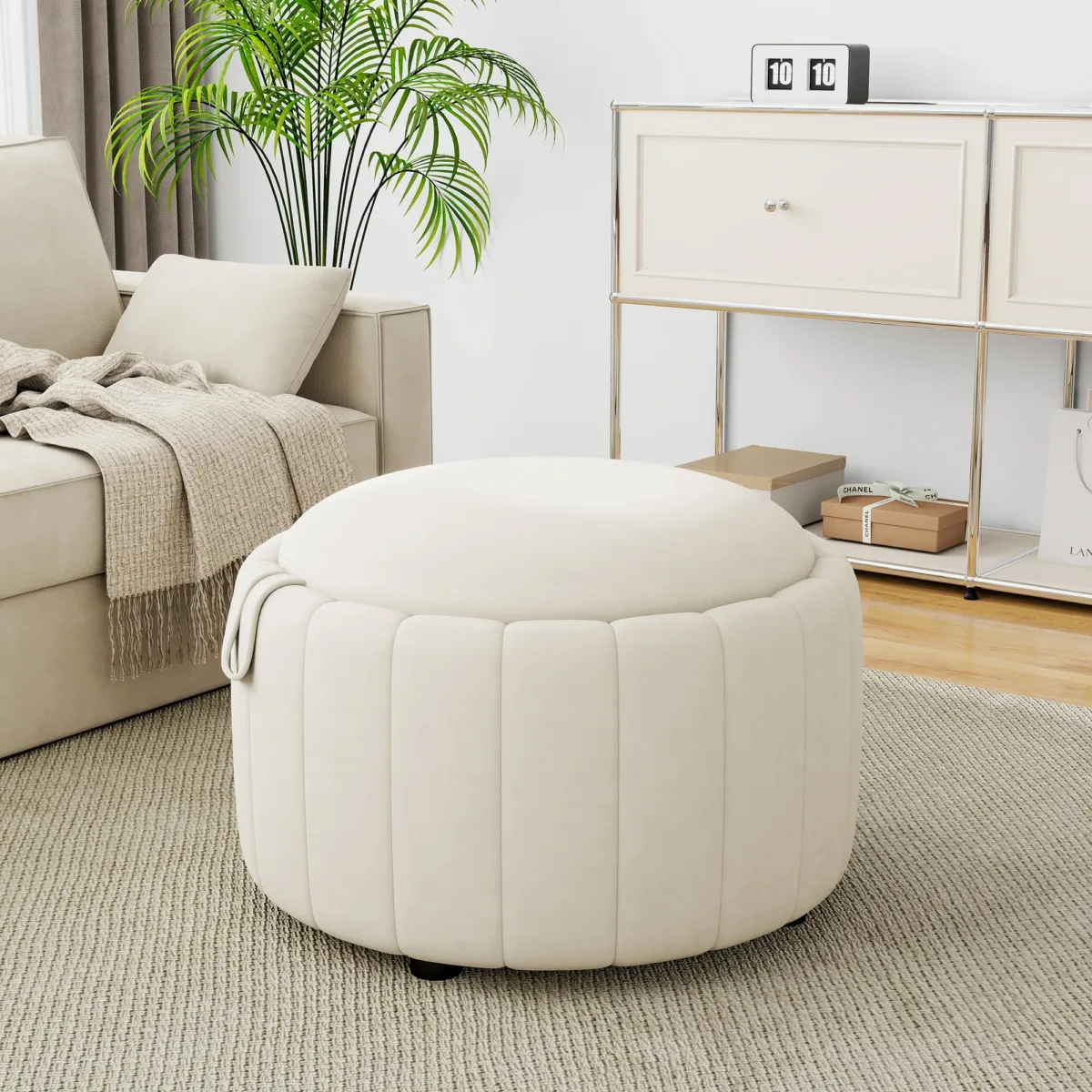 Savinien Upholstered Velvet Round Storage Ottoman with Flip-Top Tray - Image 9