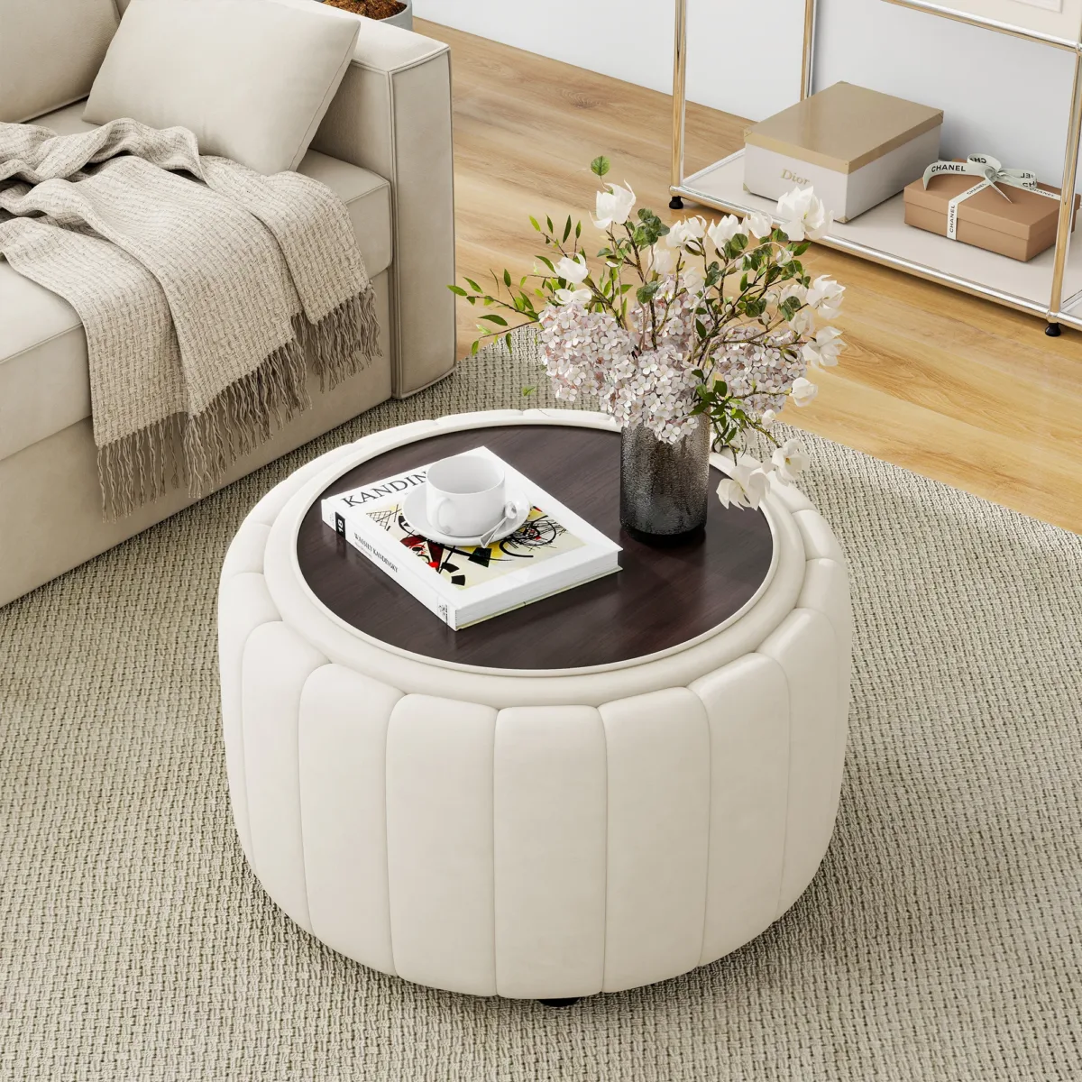 Savinien Upholstered Velvet Round Storage Ottoman with Flip-Top Tray (Set of 2) - Image 9