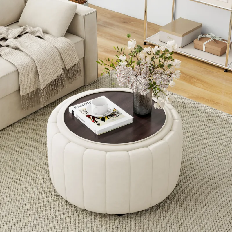 Savinien Upholstered Velvet Round Storage Ottoman with Flip-Top Tray (Set of 2) - Image 9