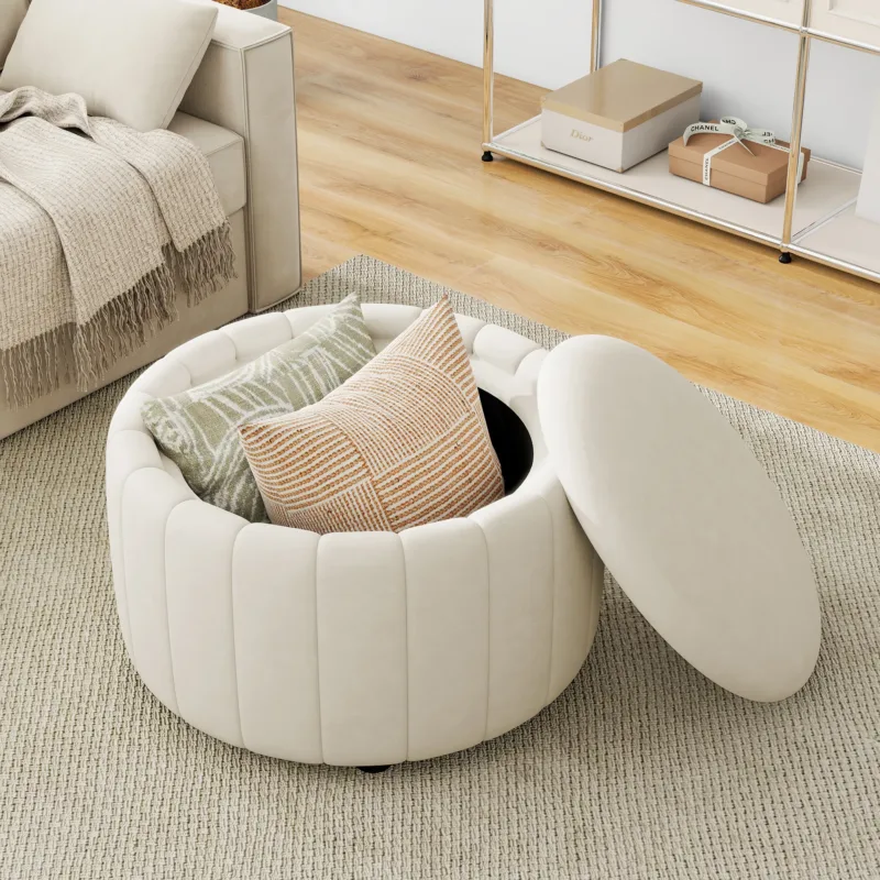 Savinien Upholstered Velvet Round Storage Ottoman with Flip-Top Tray (Set of 2) - Image 10