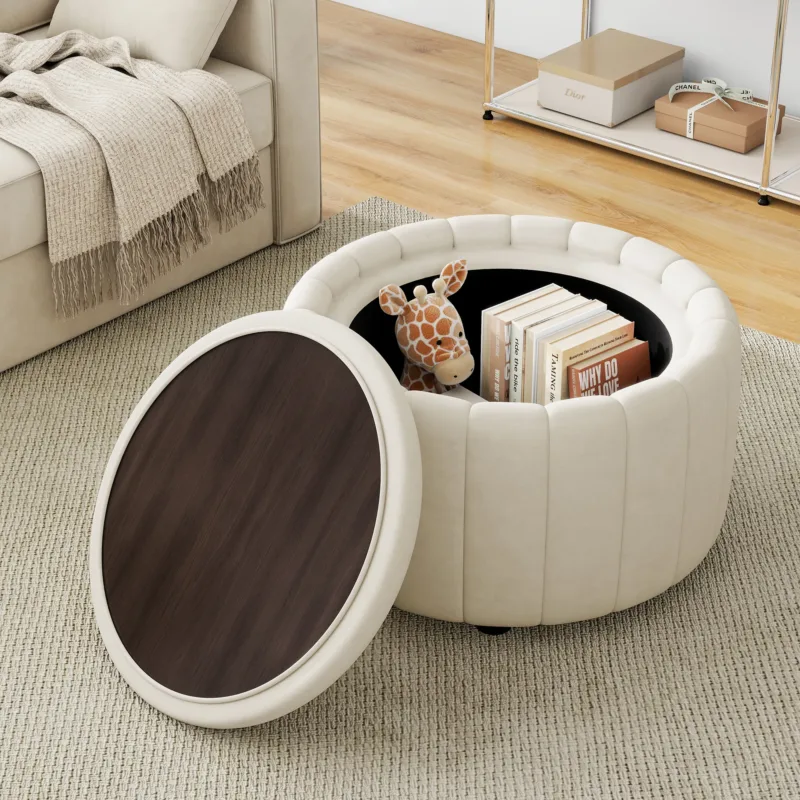 Savinien Upholstered Velvet Round Storage Ottoman with Flip-Top Tray (Set of 2) - Image 11