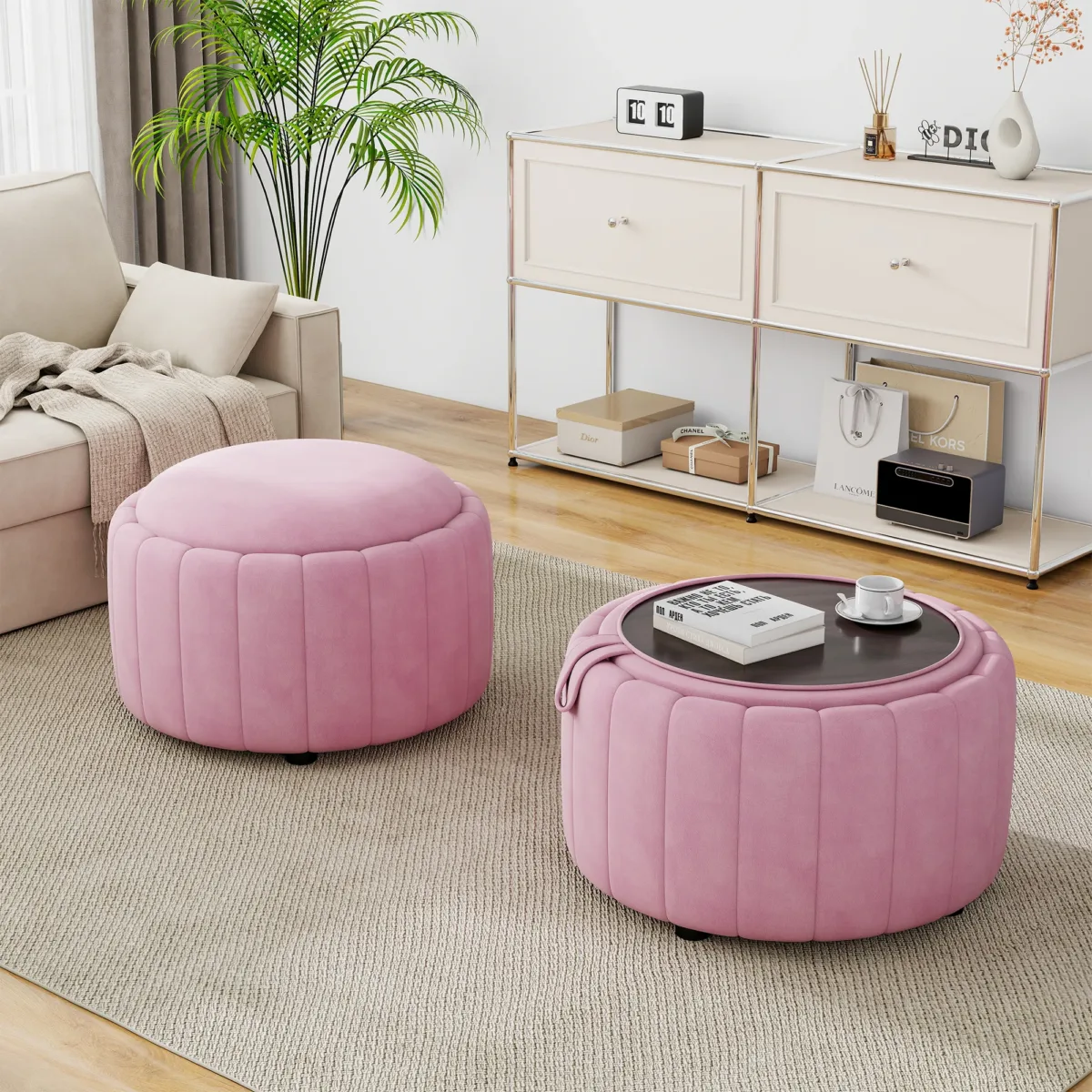Savinien Upholstered Velvet Round Storage Ottoman with Flip-Top Tray (Set of 2) - Image 3