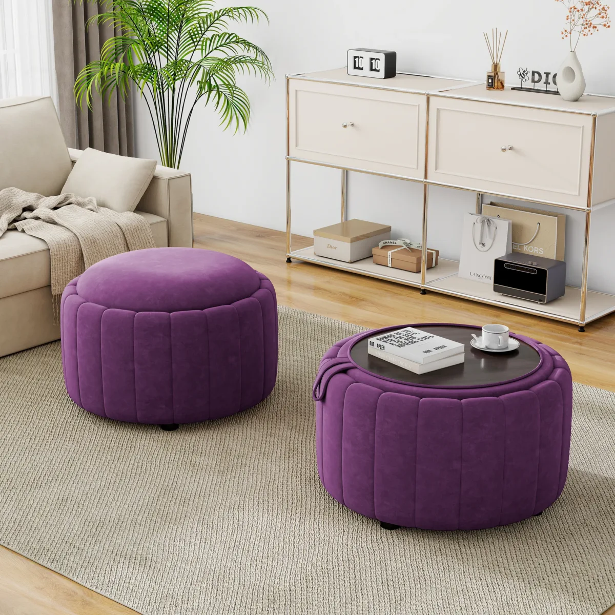 Savinien Upholstered Velvet Round Storage Ottoman with Flip-Top Tray (Set of 2) - Image 6