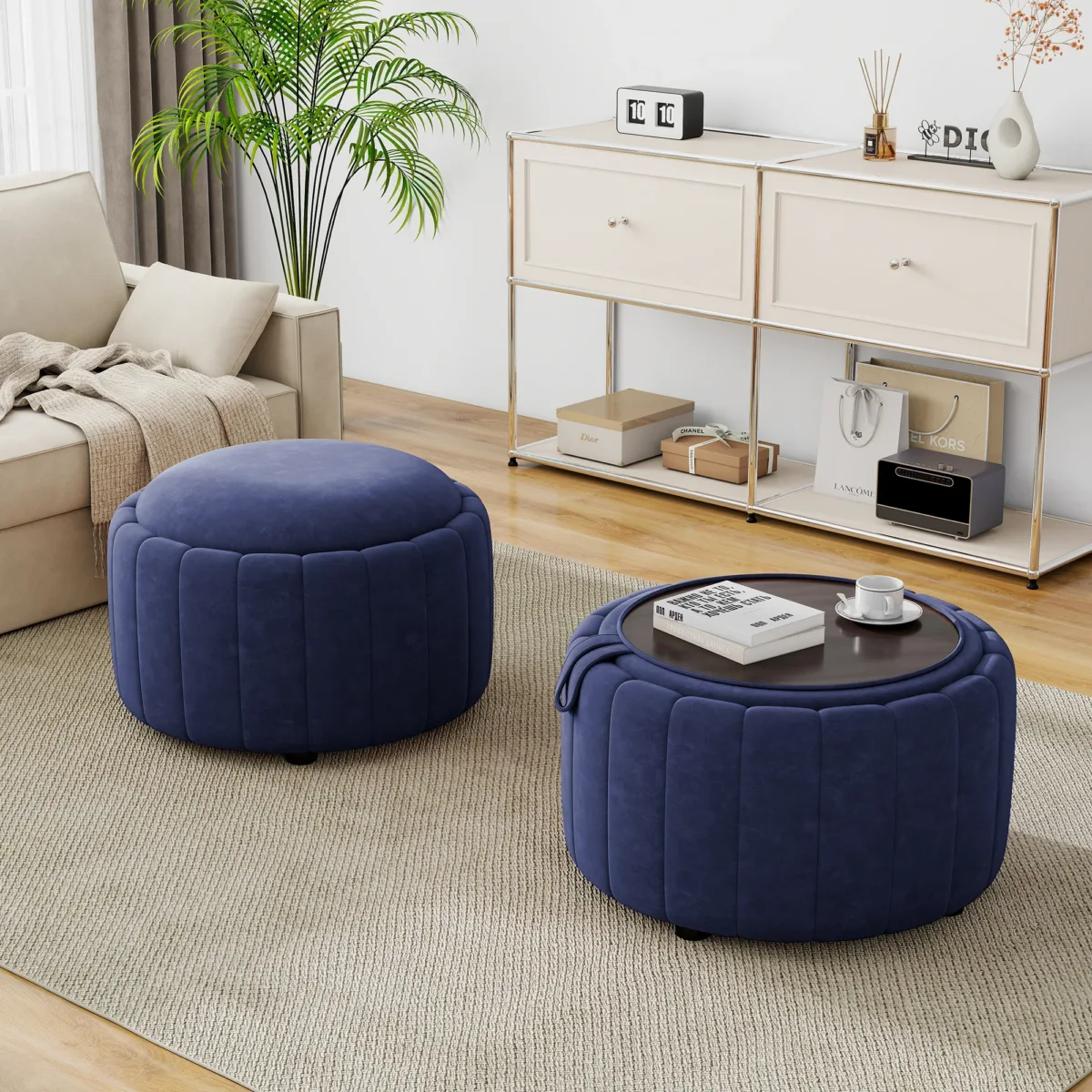 Savinien Upholstered Velvet Round Storage Ottoman with Flip-Top Tray (Set of 2) - Image 7