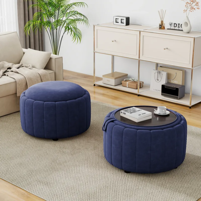 Savinien Upholstered Velvet Round Storage Ottoman with Flip-Top Tray (Set of 2) - Image 7