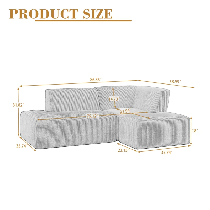Camelle 3-Piece Corduroy Sectional Sofa with Right Chaise Module - Image 4