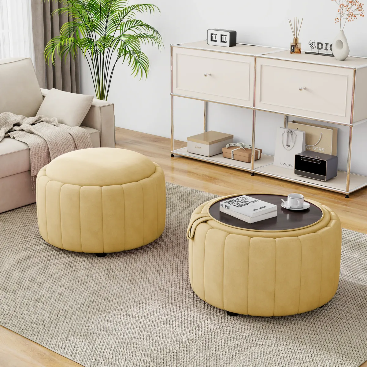 Savinien Upholstered Velvet Round Storage Ottoman with Flip-Top Tray (Set of 2) - Image 4
