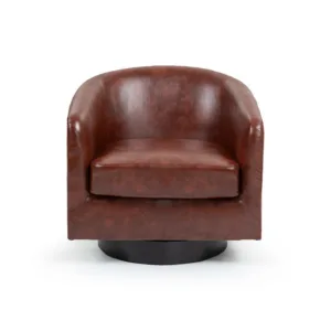 A modern swivel barrel chair in brown faux leather, shown from the front, with a curved back and a round, black swivel base.