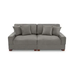 Dreamsidea's deep-seated corduroy loveseat with four plush matching pillows and dark wood block feet on a white background.