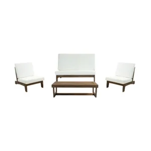 Dreamsidea's 4-piece teak wood conversation set with white cushions, including a loveseat, two armchairs, and a coffee table.