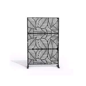 Dreamsidea's freestanding outdoor privacy screen, made of black metal with a modern, intricate laser-cut leaf pattern.