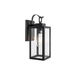 Dreamsidea's modern farmhouse outdoor wall lantern in matte black, featuring clear glass panels and a vintage Edison bulb.