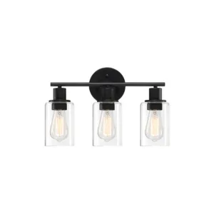Dreamsidea's 3-light modern farmhouse vanity light in a matte black finish with clear glass shades over vintage Edison bulbs.