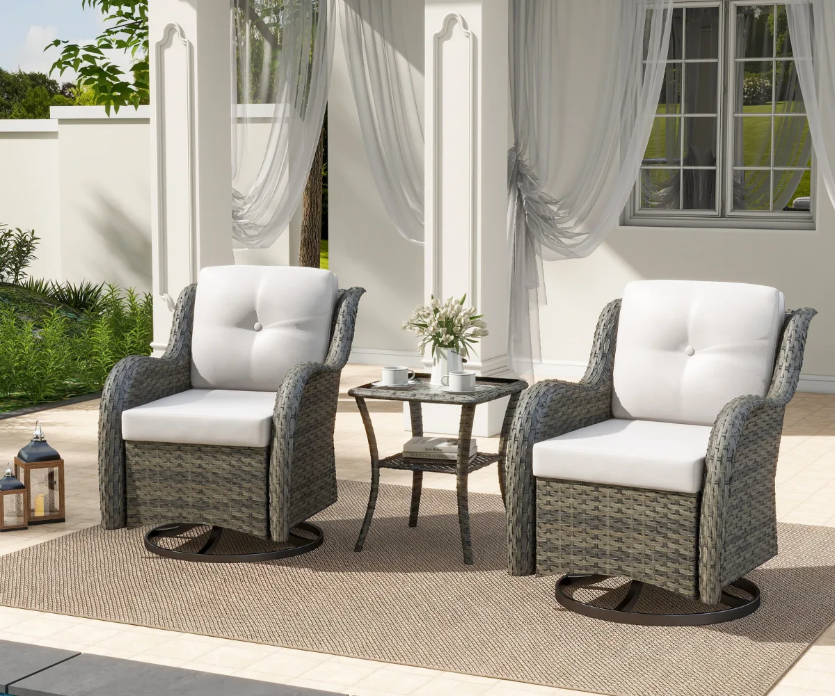 Dreamsidea's 3-piece outdoor conversation set with two gray wicker swivel rockers and a glass-top table, styled on a bright patio.