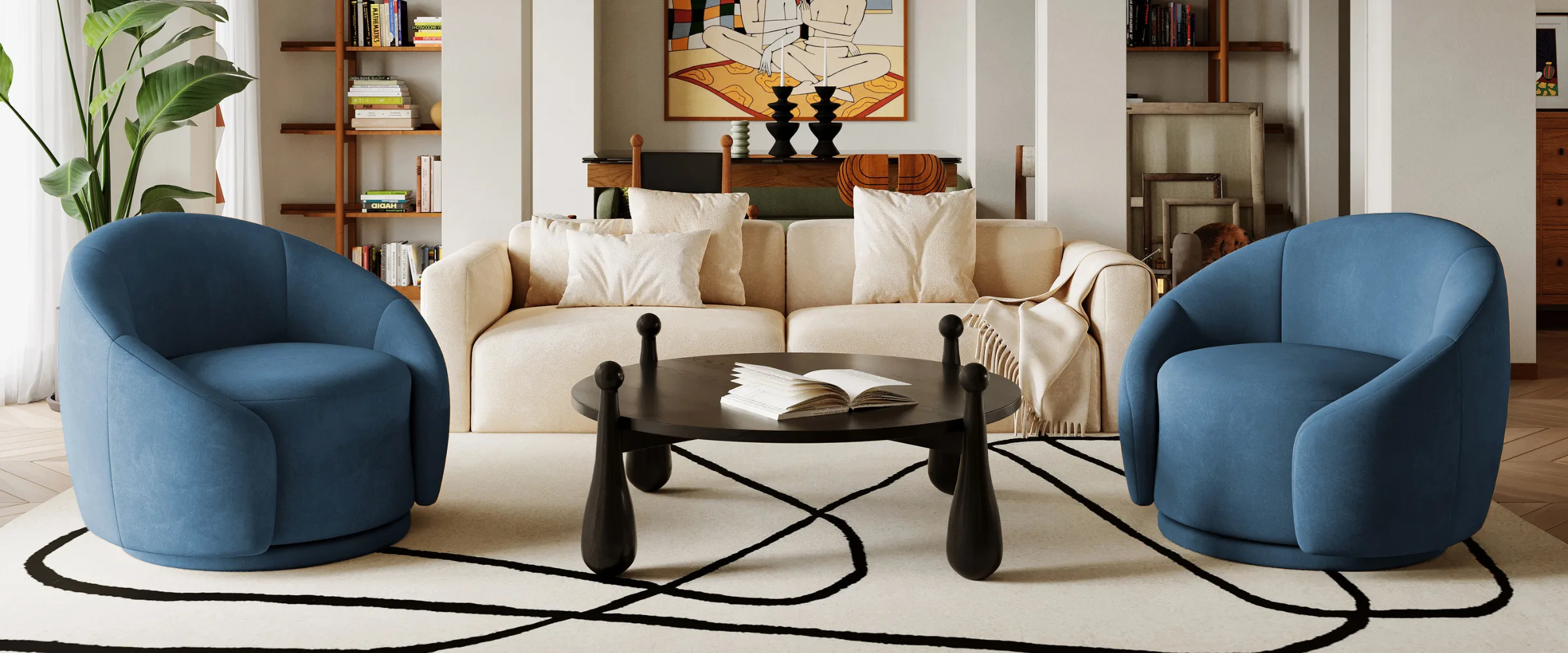 An artistic living room featuring Dreamsidea's two blue swivel chairs, a cream sofa, and a black sculptural coffee table on a patterned rug.