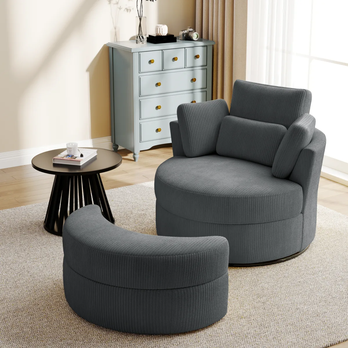 Elarae Swivel Barrel Chair with Storage Ottoman & Pillows - Image 11