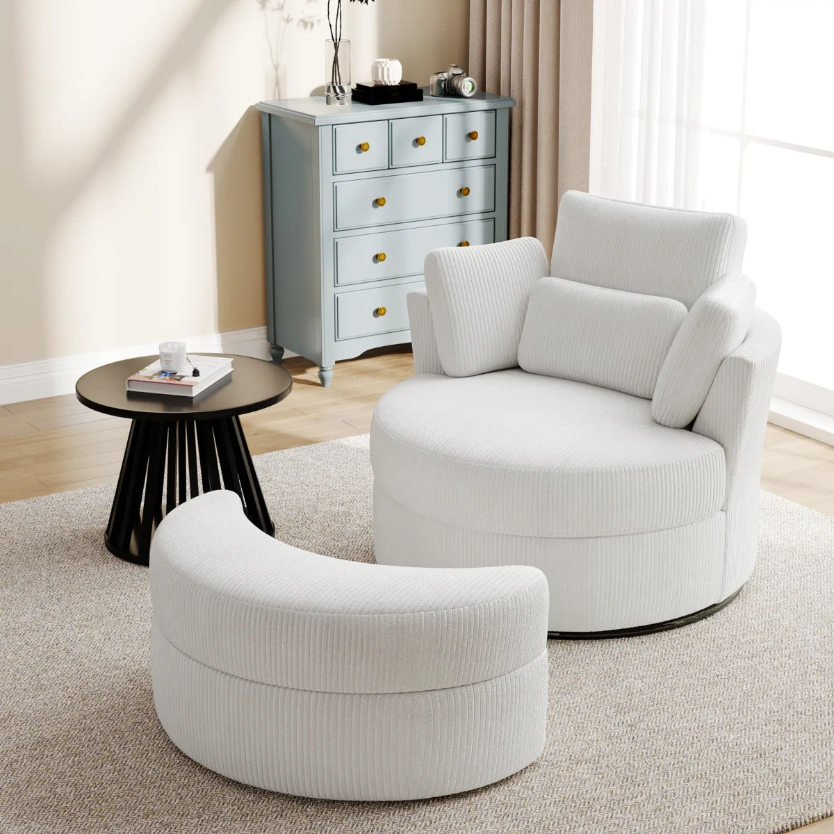 Elarae Swivel Barrel Chair with Storage Ottoman & Pillows - Image 9