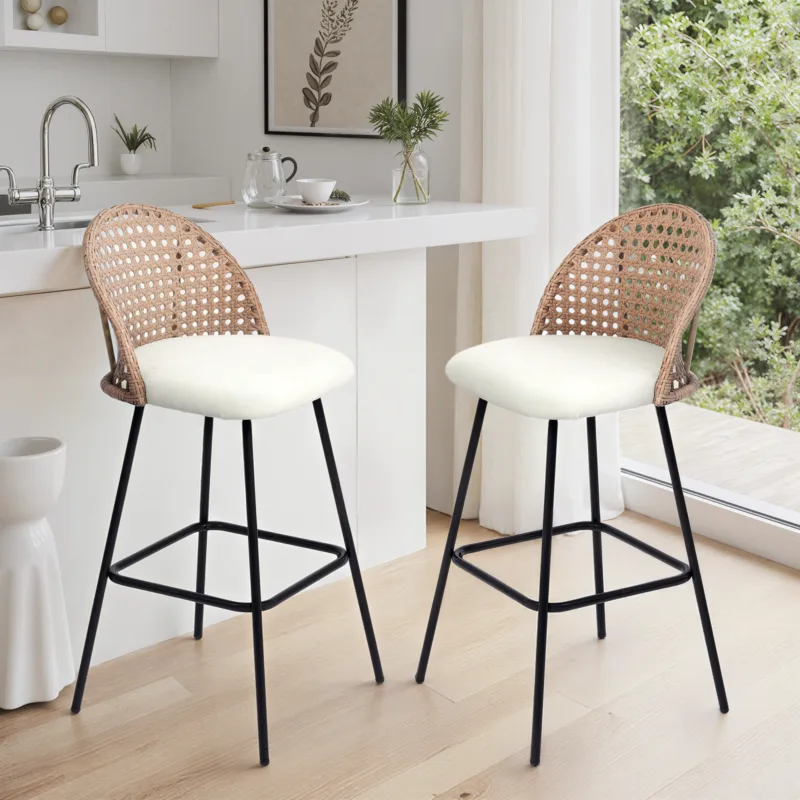 Tiraux Chenille Upholstered Wicker Bar Stools Set of 2 - Image 2