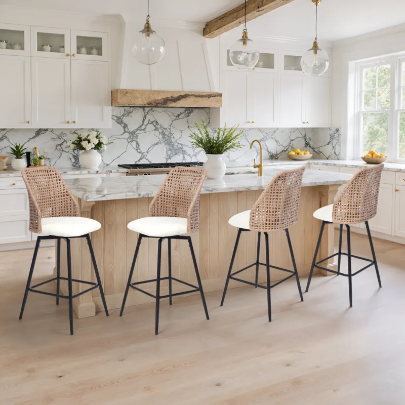 Olivay Wicker Swivel Upholstered Bar Stools Set of 4 - Image 2