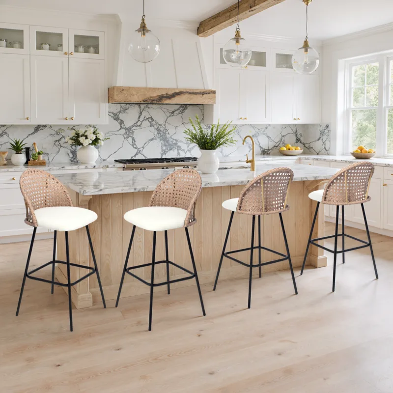 Tiraux Chenille Upholstered Wicker Bar Stools Set of 4 - Image 2