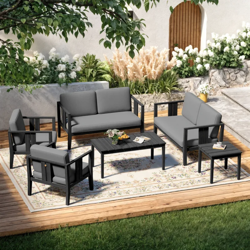 Ilan 6-Piece Slatted Outdoor Patio Conversation Set with Tables - Image 2