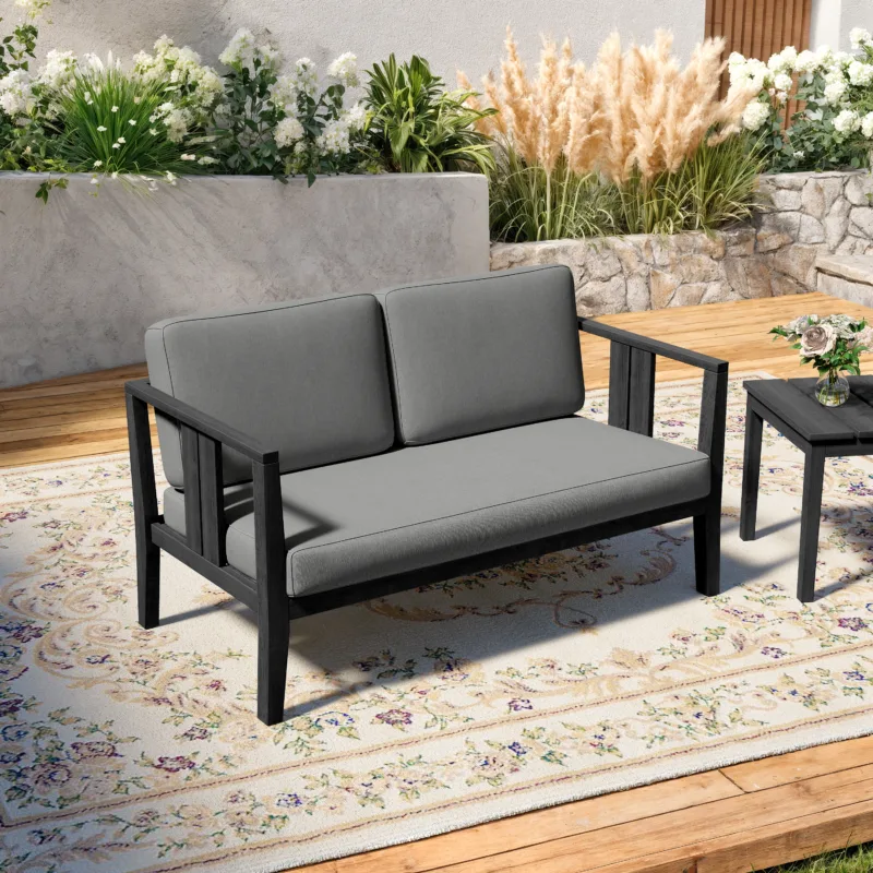 Ilan Slatted Teak Outdoor Patio Loveseat with Cushions - Image 2