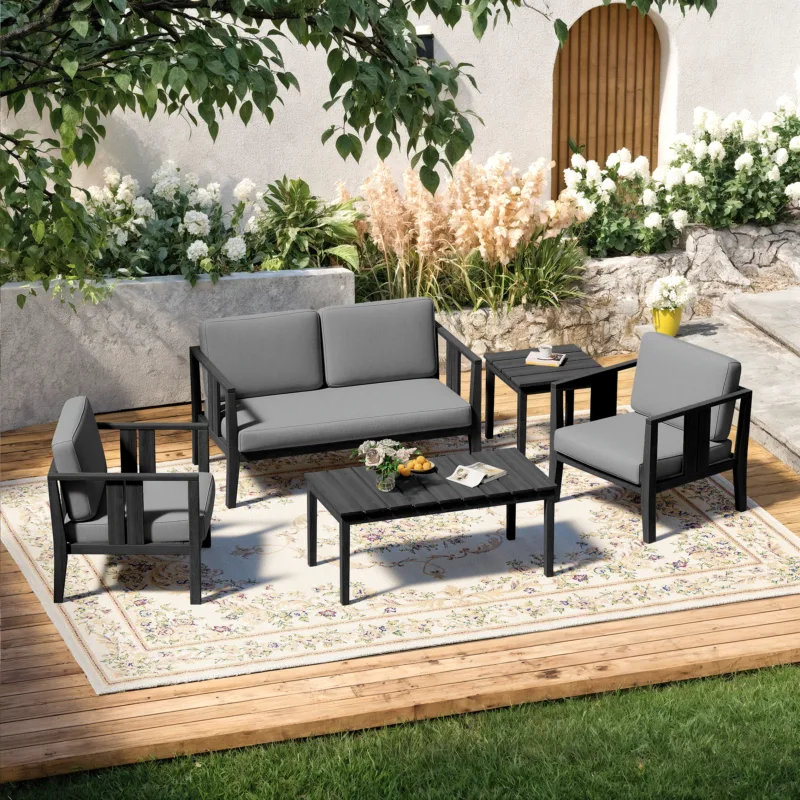 Ilan 5-Piece Slatted Outdoor Patio Conversation Set with Tables - Image 2