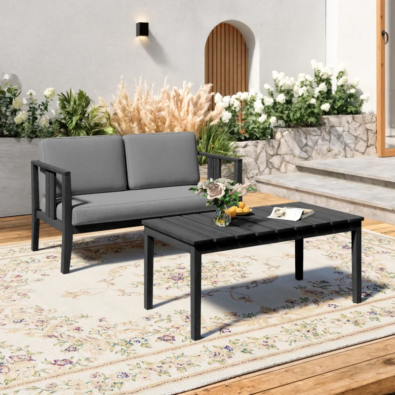 Ilan Slatted Teak Outdoor Patio Loveseat with Coffee Table - Image 2