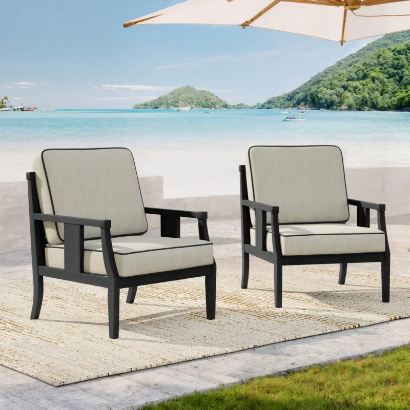 Eloi Contrast Piping Teak Wooden Outdoor Armchairs Set of 2 - Image 2