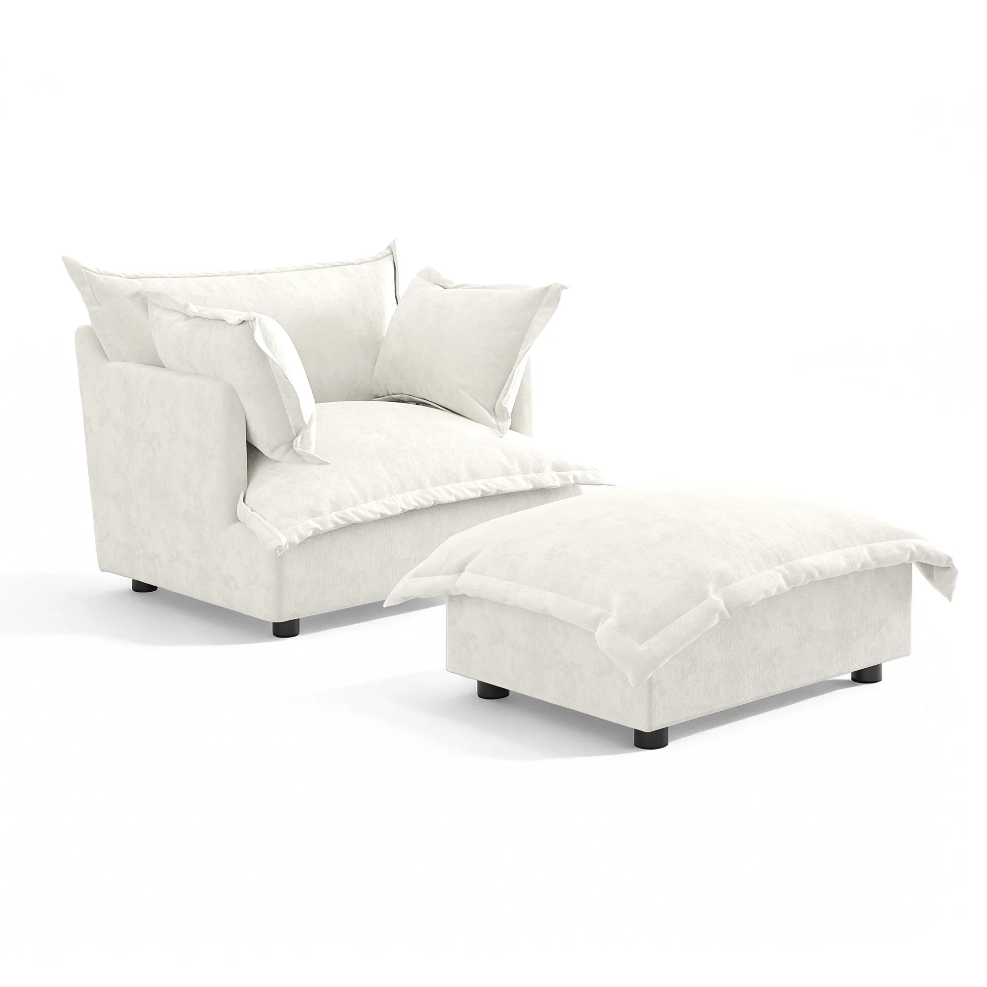 扶手+脚踏 BEIGE 3- Lione Flange Edge Chenille Single Sofa Chair with Ottoman - Image 1