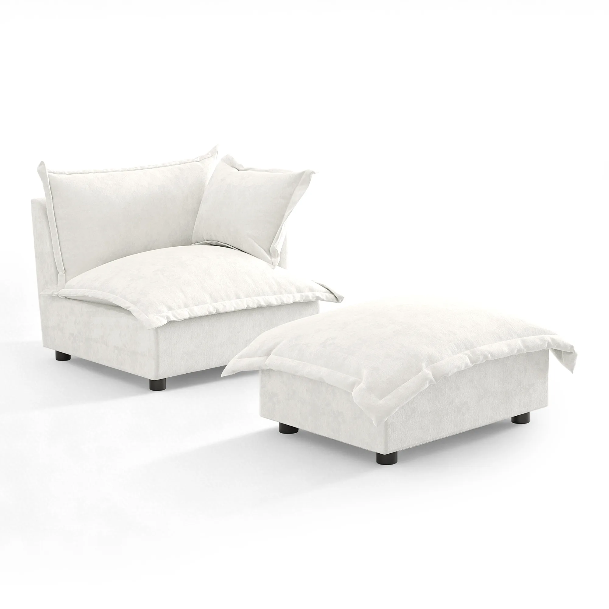 转角+脚踏 BEIGE 3- Lione Flange Edge Chenille Corner Chair with Ottoman - Image 1