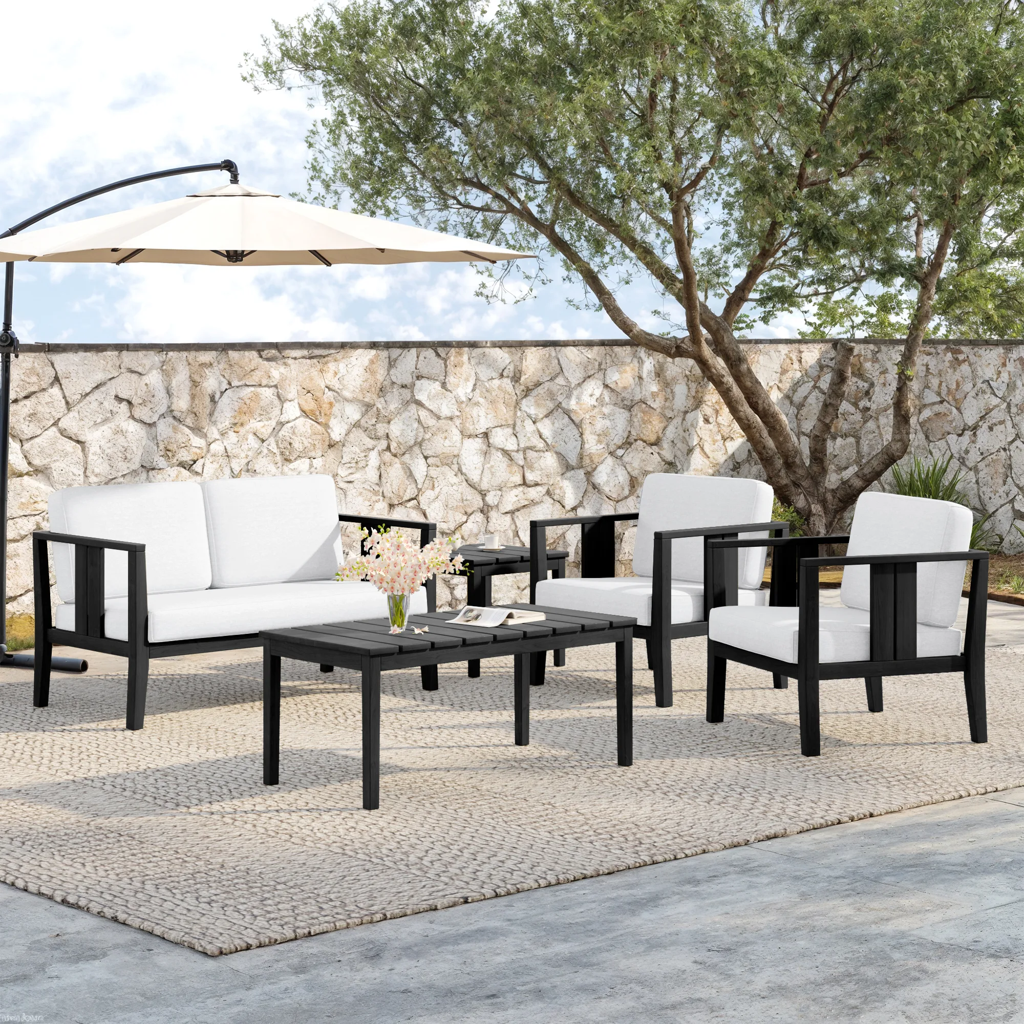 黑 BEIGE 1 Ilan 5-Piece Slatted Outdoor Patio Conversation Set with Tables - Image 1