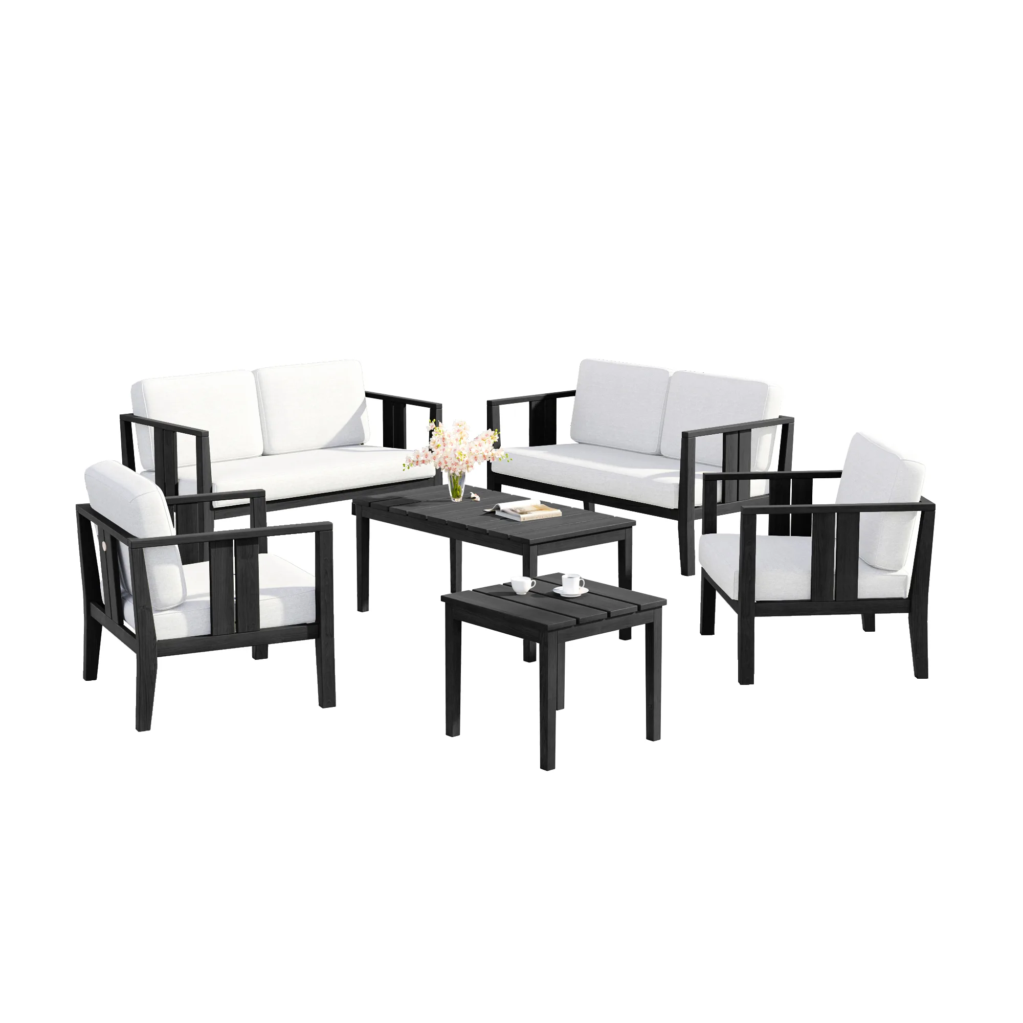 黑 双人椅+双人椅+单人椅双把+小茶几+大茶几 BEIGE 3 Ilan 6-Piece Slatted Outdoor Patio Conversation Set with Tables - Image 1