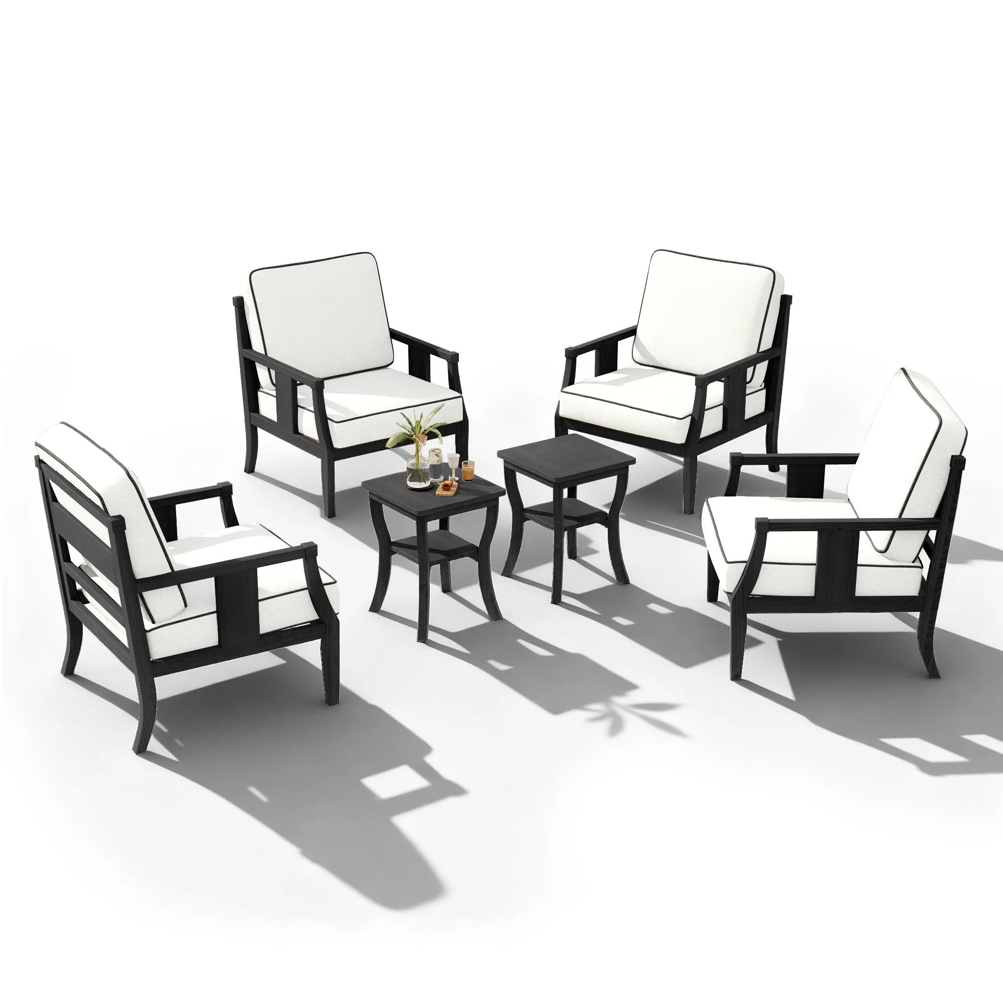 黑 四把+2茶几 BEIGE 2- Eloi 6-Piece Contrast Piping Outdoor Patio Set with Tables - Image 1