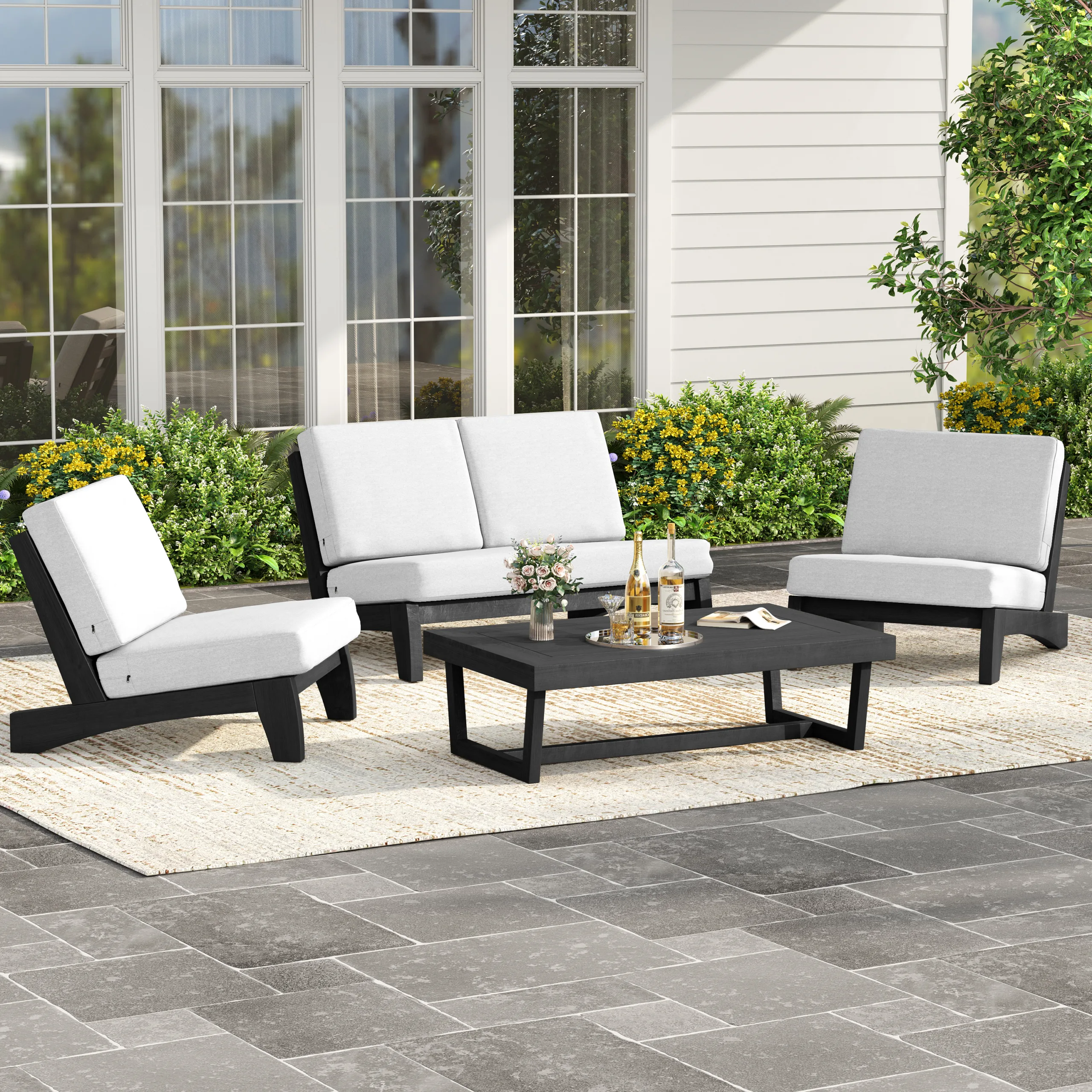 黑木框 BEIGE 1 Benisor 4-Piece Teak Patio Loveseat & Chairs Set with Coffee Table - Image 1