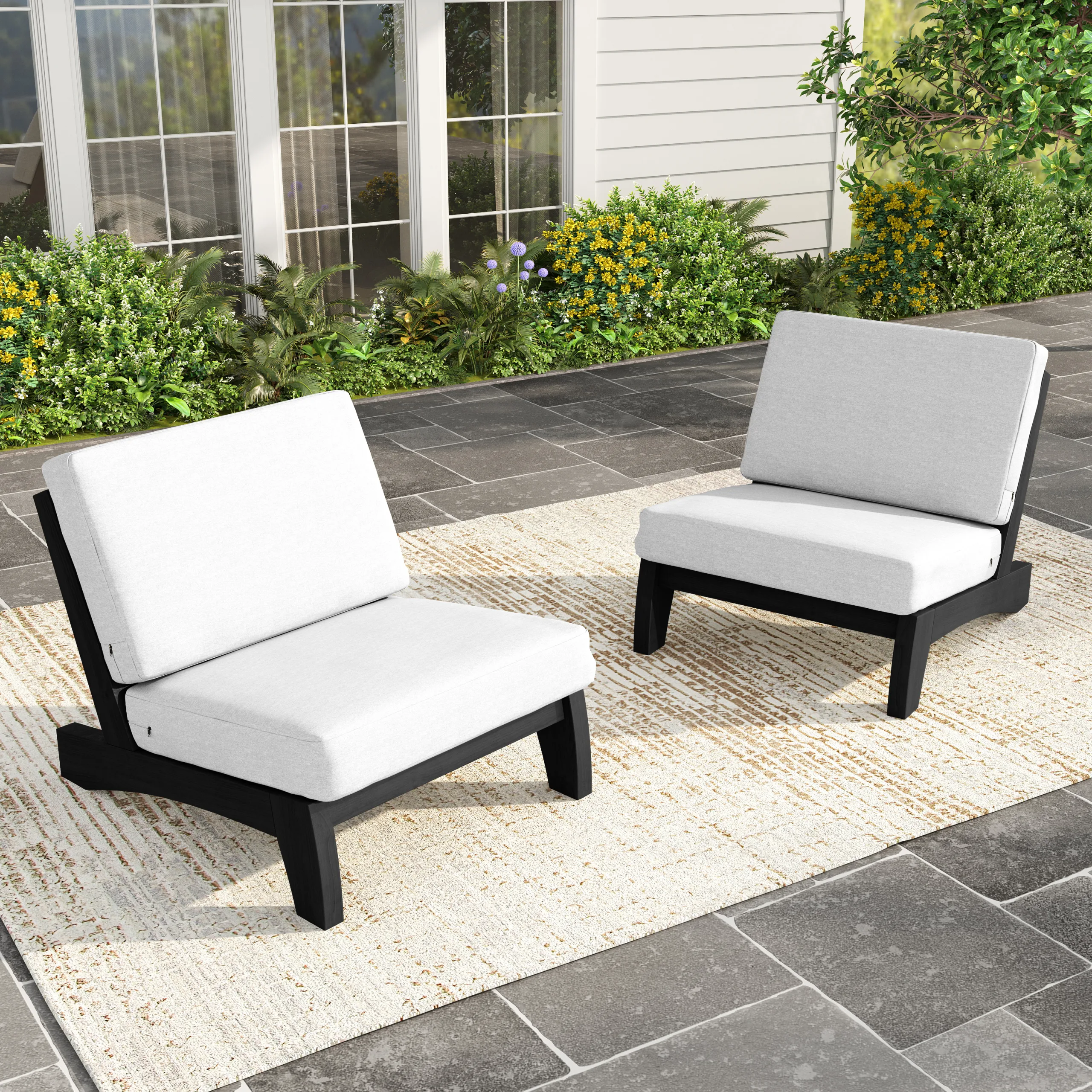 黑木框 BEIGE 2 Benisor Teak Outdoor Patio Armless Chairs Set of 2 - Image 1