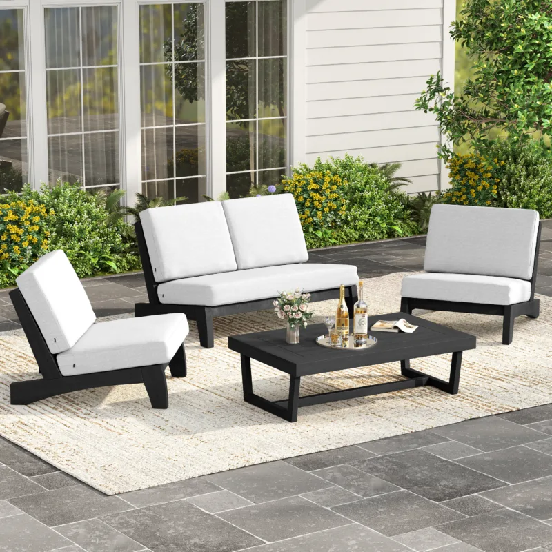 Benisor 4-Piece Teak Patio Loveseat & Chairs Set with Coffee Table - Image 2