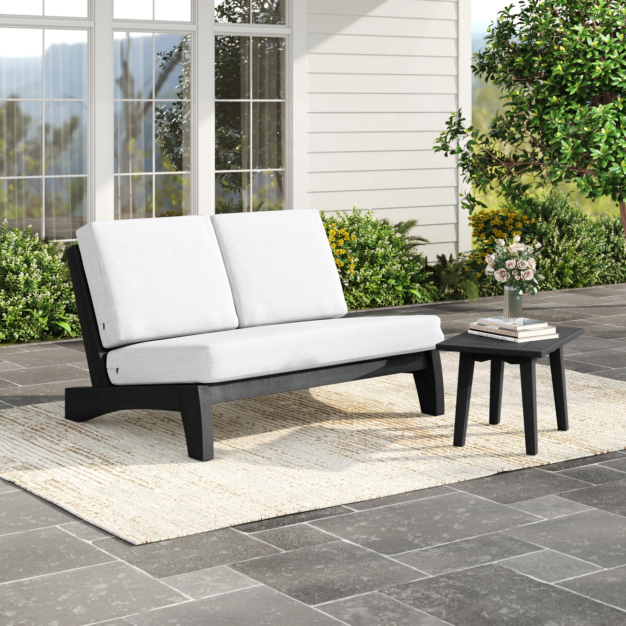 黑木框 BEIGE 3 Benisor 2-Piece Teak Patio Loveseat & Side Table Set - Image 1