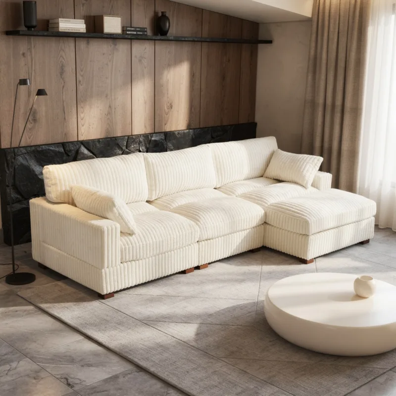 Viviane 3-Seat Channel Tufted Faux Fur Chaise Sectional Sofa - Image 2