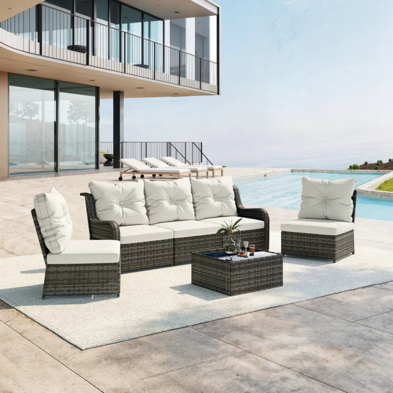Marlie 6-Piece PE Wicker Cushioned Outdoor Patio Set with Table - Image 2