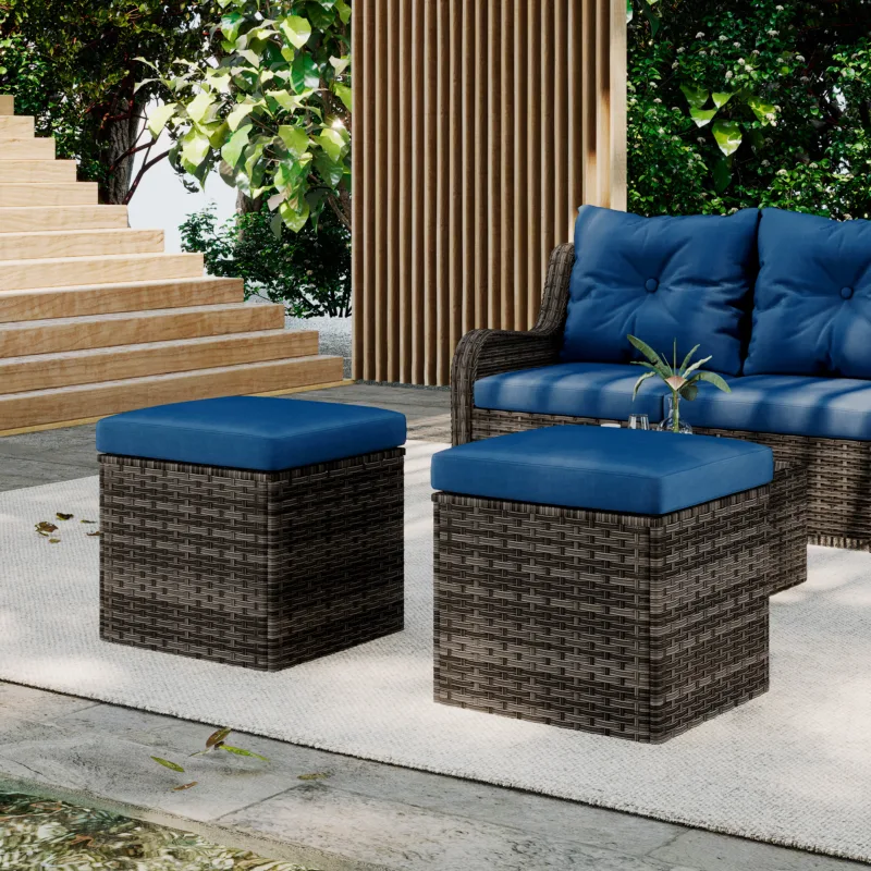 Vadah PE Wicker Outdoor Patio Square Ottoman with Cushion - Image 2