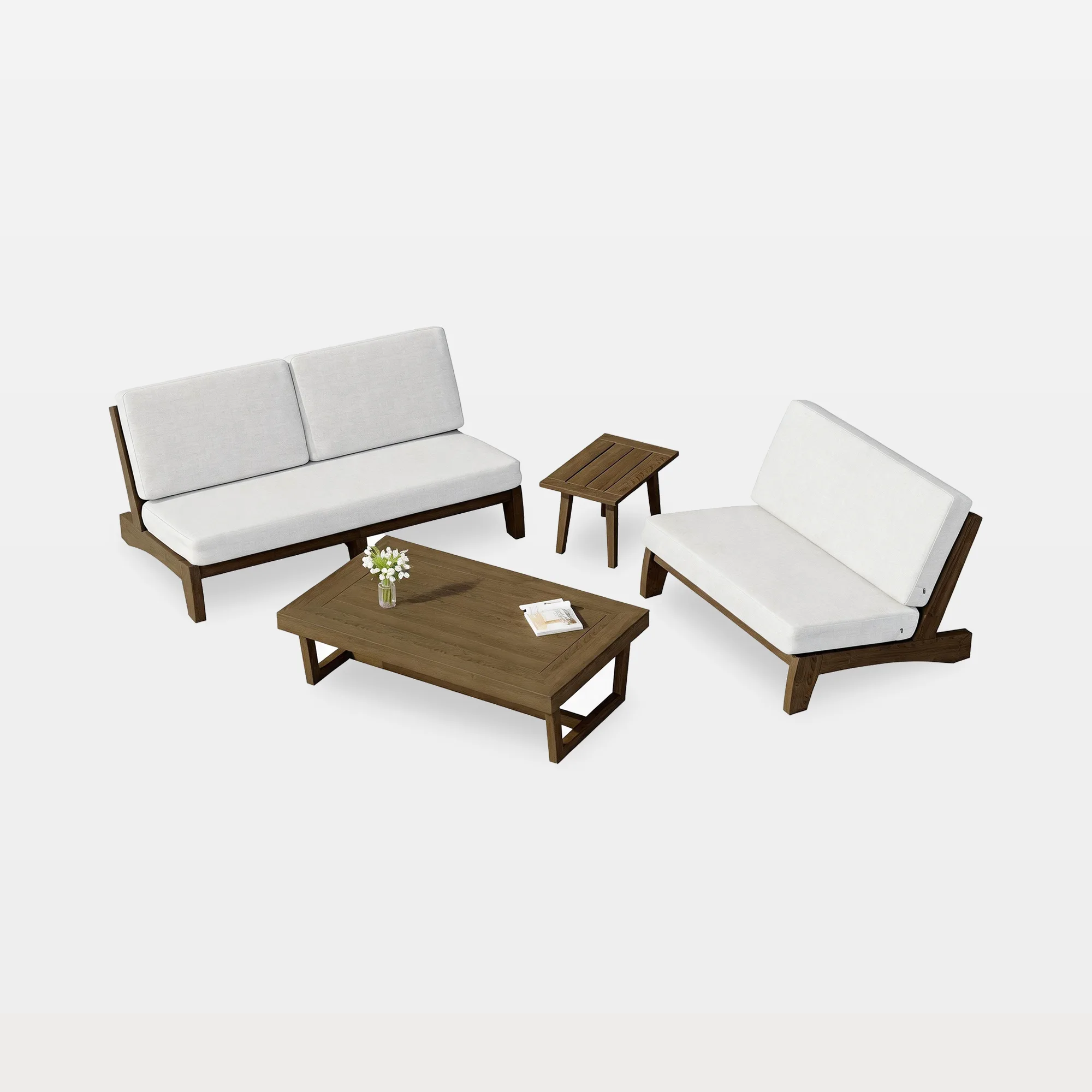 od0001-e1-whitebg-4-piece-outdoor-patio-sofa-set-wood-frame-beige-angled-overview.jpg Benisor 4-Piece Outdoor Patio Conversation Set with Loveseat & Tables - Image 1