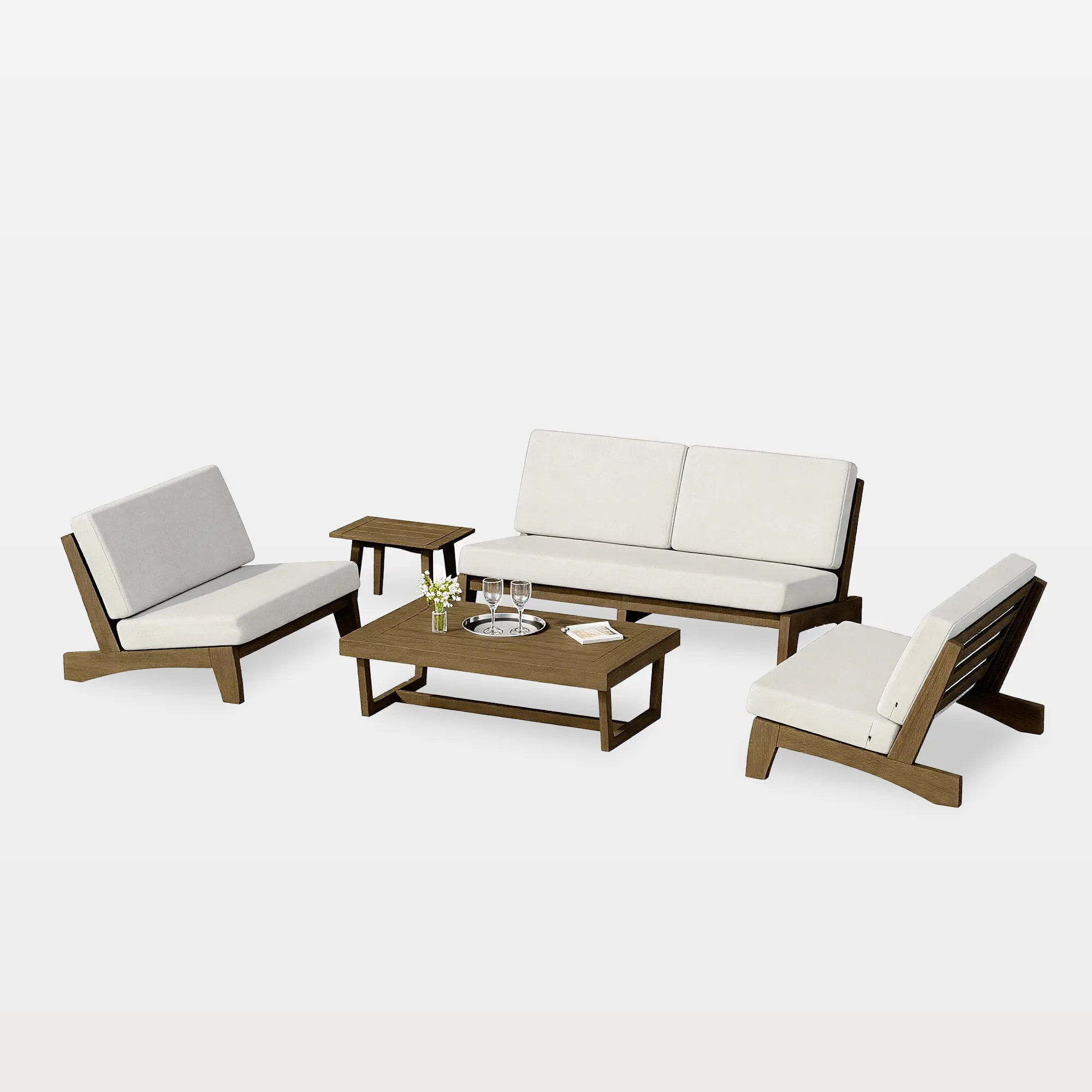 od0001-e1-whitebg-5-piece-outdoor-patio-sofa-and-loveseat-set-wood-frame-beige-angled-overview.jpg Benisor 5-Piece Outdoor Patio Conversation Set with Loveseats & Tables - Image 1