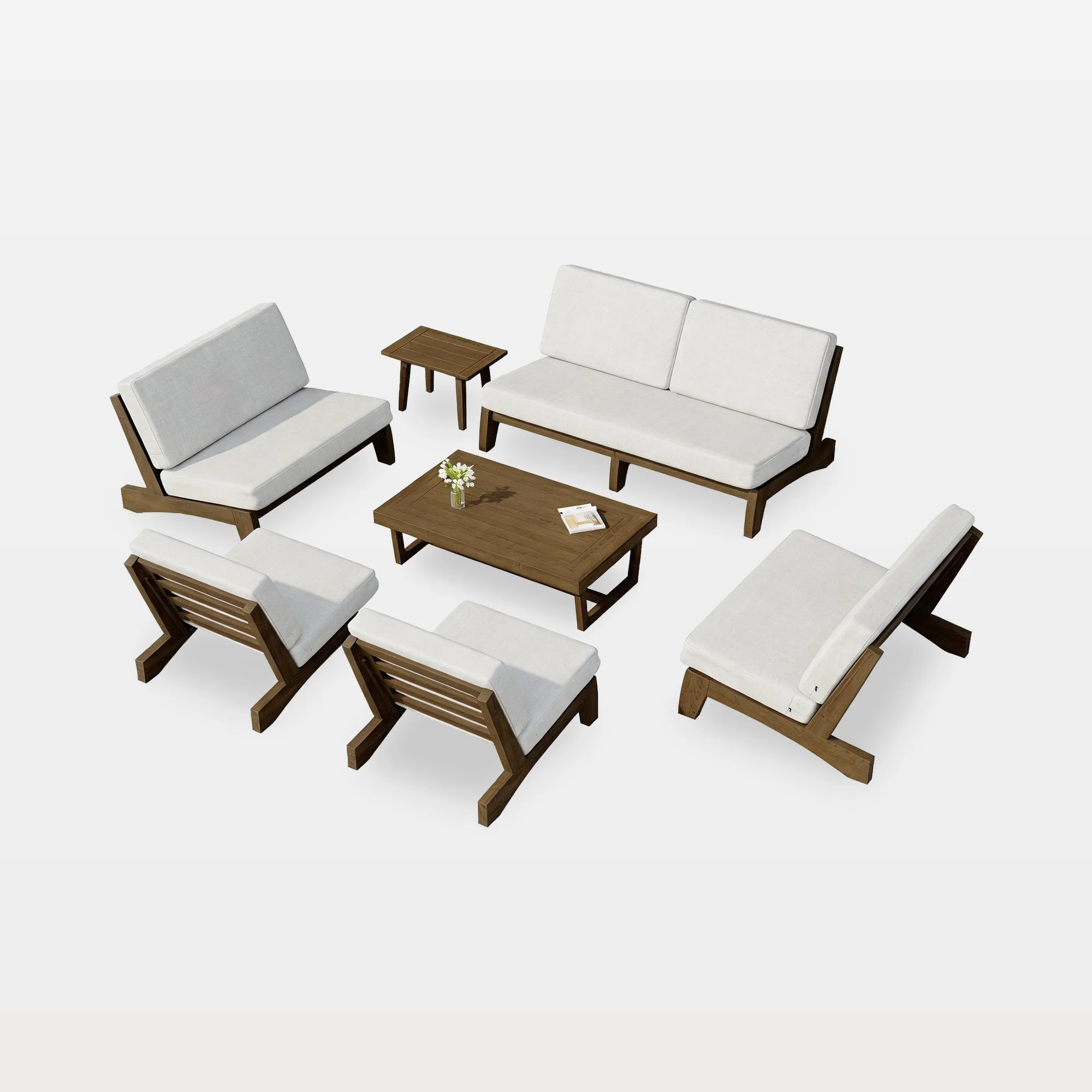 od0001-e1-whitebg-7-piece-outdoor-patio-sofa-set-wood-frame-beige-angled-overview.jpg Benisor 7-Piece Outdoor Patio Conversation Set with Loveseats & Tables - Image 1