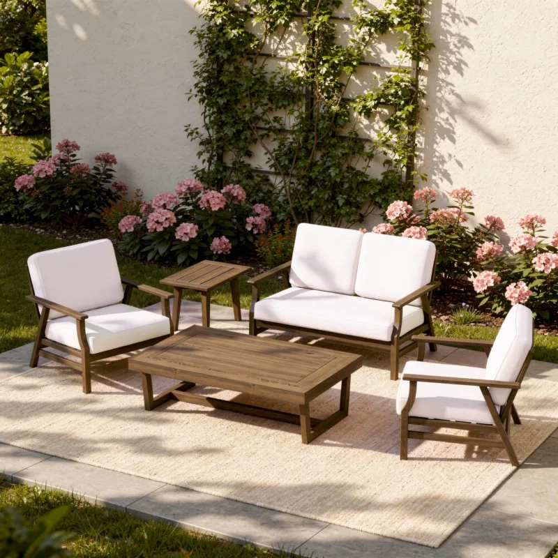 Vaila 5-Piece Teak Outdoor Patio Loveseat Set with Chairs & Tables - Image 2