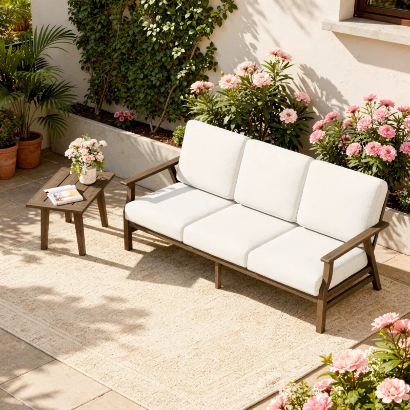 Vaila Teak Outdoor Patio 3-Seater Sofa with Grooved Table - Image 2
