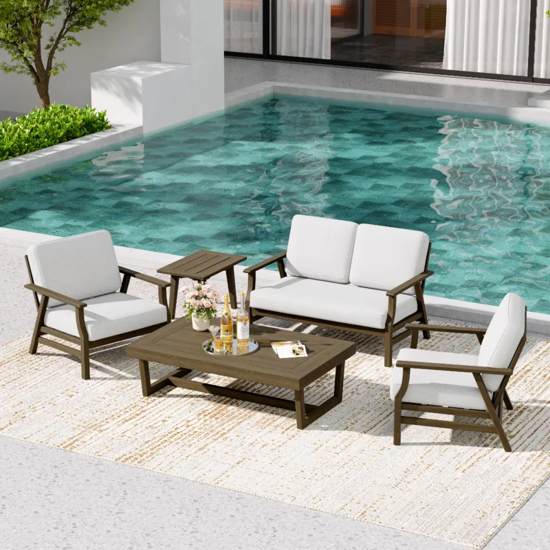 Vaila 5-Piece Teak Outdoor Patio Loveseat Set with Chairs & Tables - Image 2